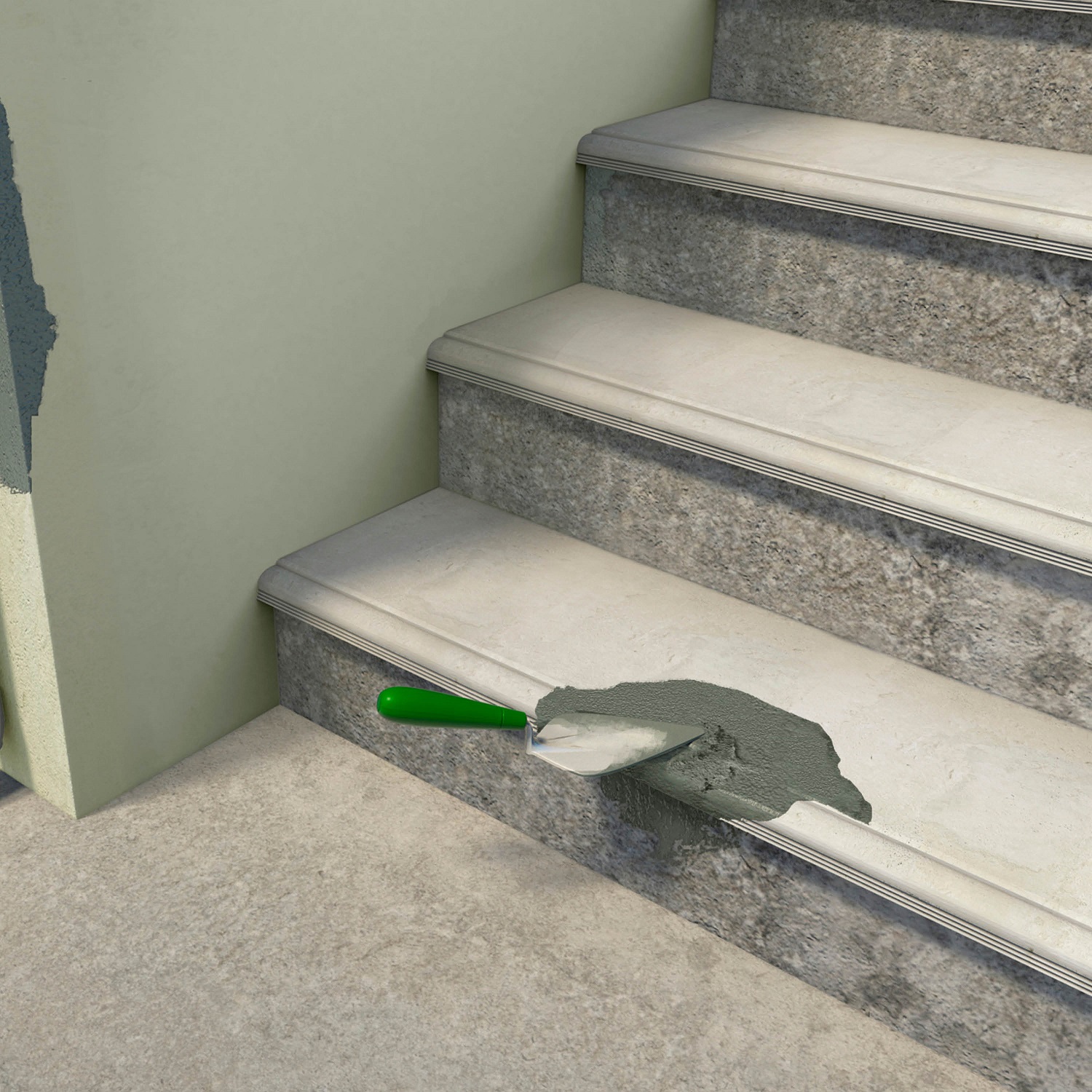 Application of mortar on stone steps using a trowel.