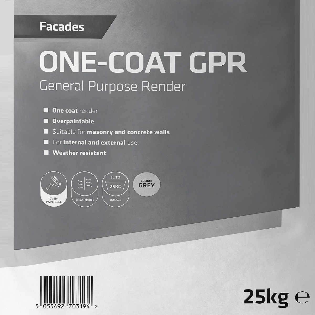 Packaging of Everbuild Facades One Coat General Purpose Render 25kg, suitable for masonry and concrete walls, weather resistant, grey colour.