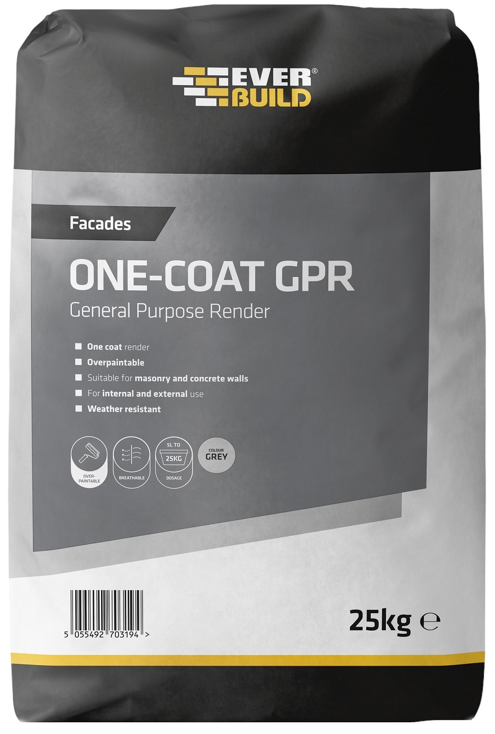 Bag of Everbuild Facades One Coat General Purpose Render 25kg, suitable for masonry and concrete walls.