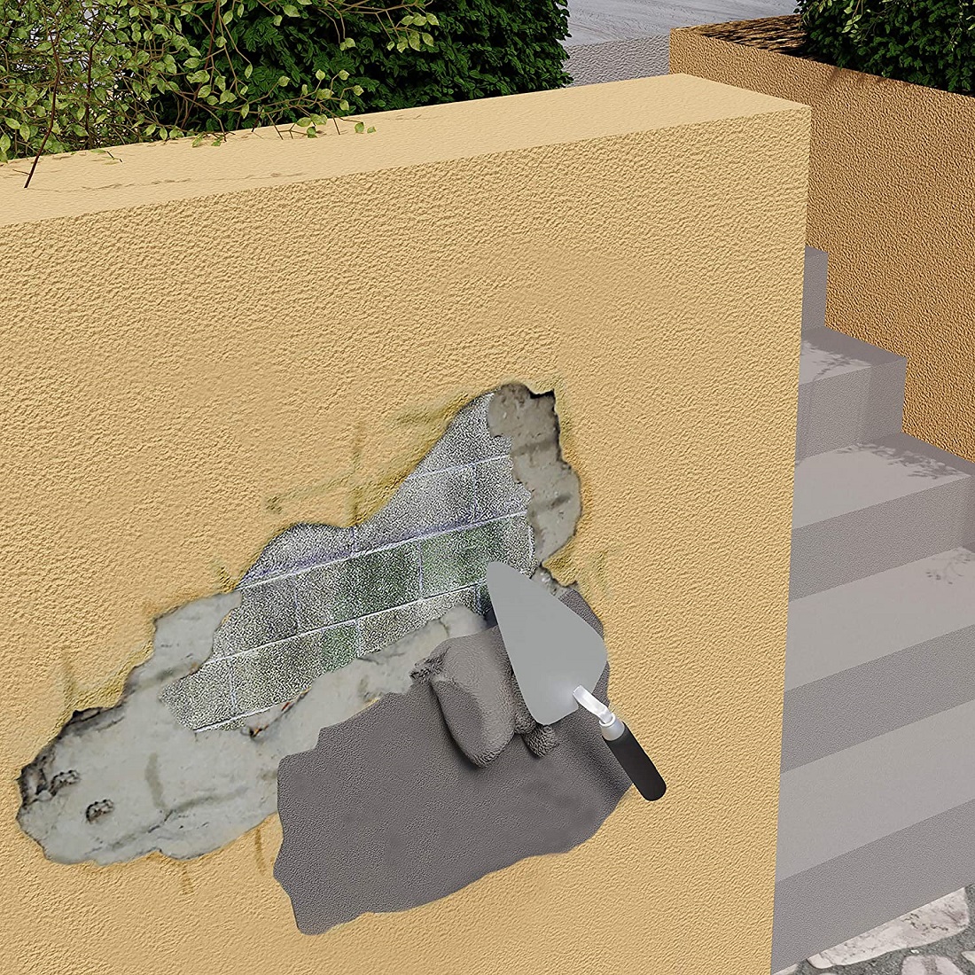 Showing a wall repair using Everbuild Jetcem Deep Rapid Repair Sand & Cement with a trowel applying the mix.