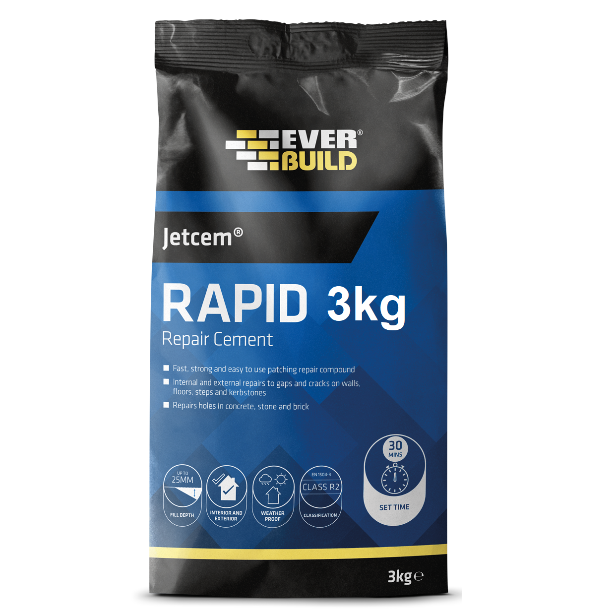 Bag of Everbuild JetCem Rapid Setting Cement 3Kg for fast repairs, featuring product details and usage information.