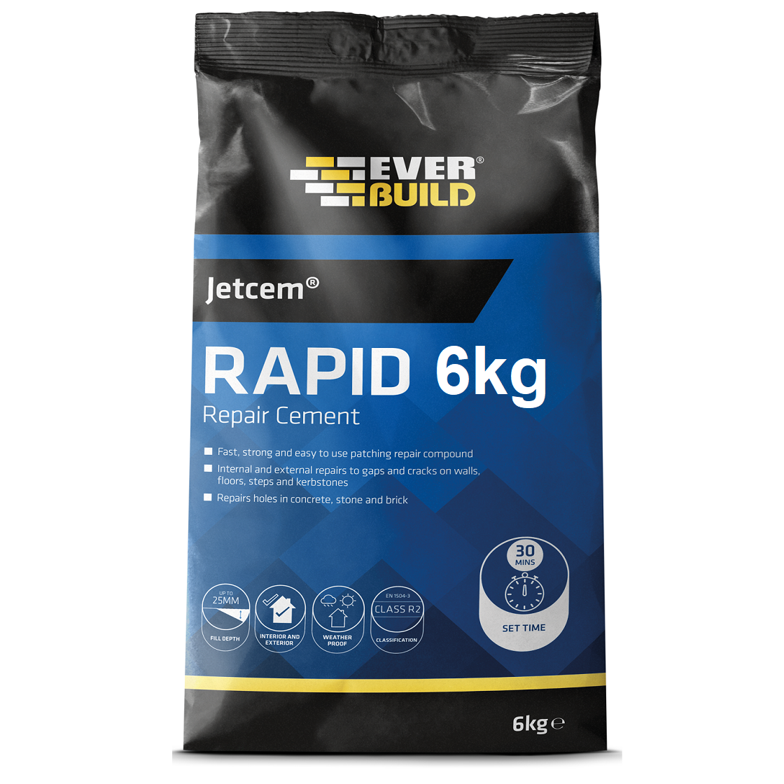 Everbuild JetCem Rapid Setting Cement 6kg packaging showing product details and features.