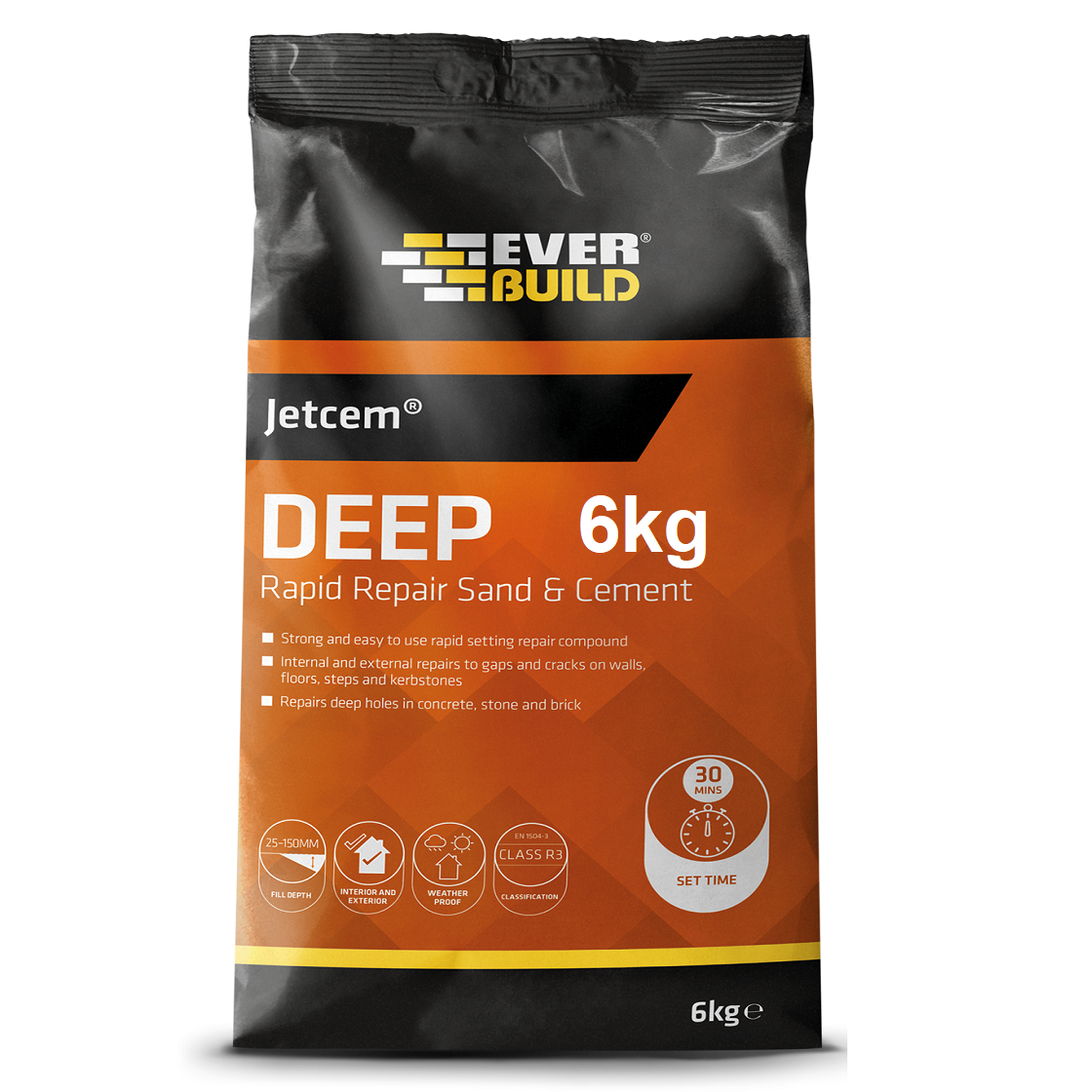 Bag of Everbuild Jetcem Deep 6kg Rapid Repair Sand & Cement with product details and icons.