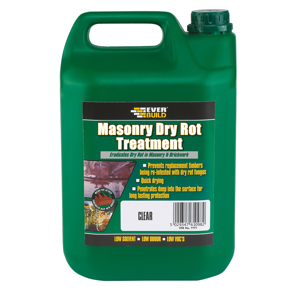 Green container of Everbuild Masonry Dry Rot Treatment with product label and features.