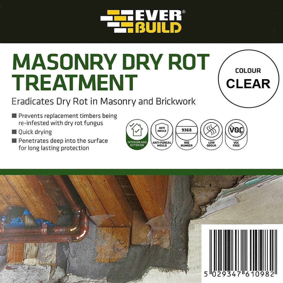 Everbuild Masonry Dry Rot Treatment 5L packaging showing product features and benefits.
