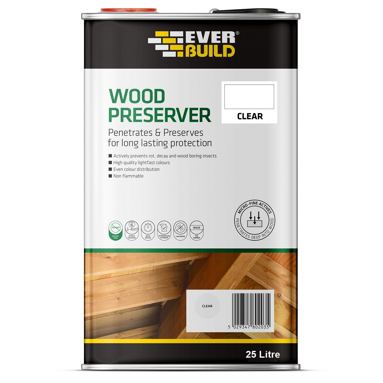 Everbuild Lumberjack Wood Preserver 25L Clear Finish container with product details and logo.