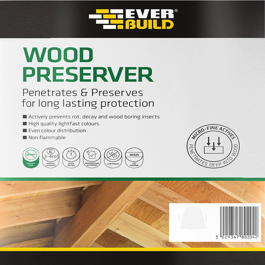 Label of Everbuild Lumberjack Wood Preserver 25L Clear Finish showing product features and barcode.