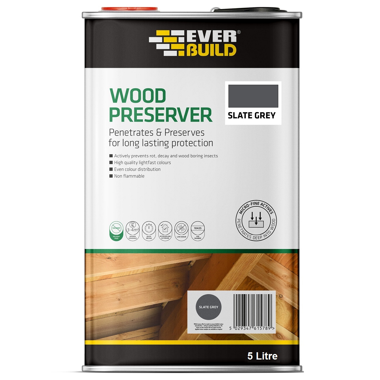 Everbuild Lumberjack Wood Preserver 5L in Slate Grey packaging.