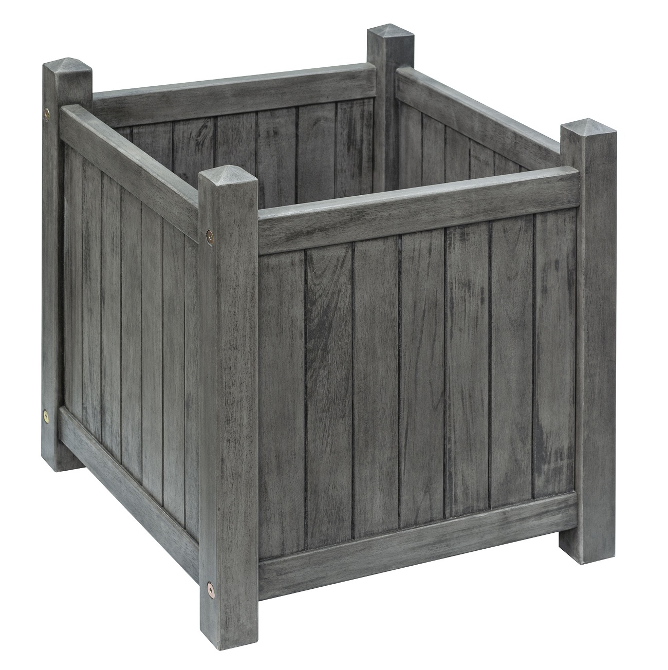Grey wooden planter box with vertical slats and sturdy corner posts.