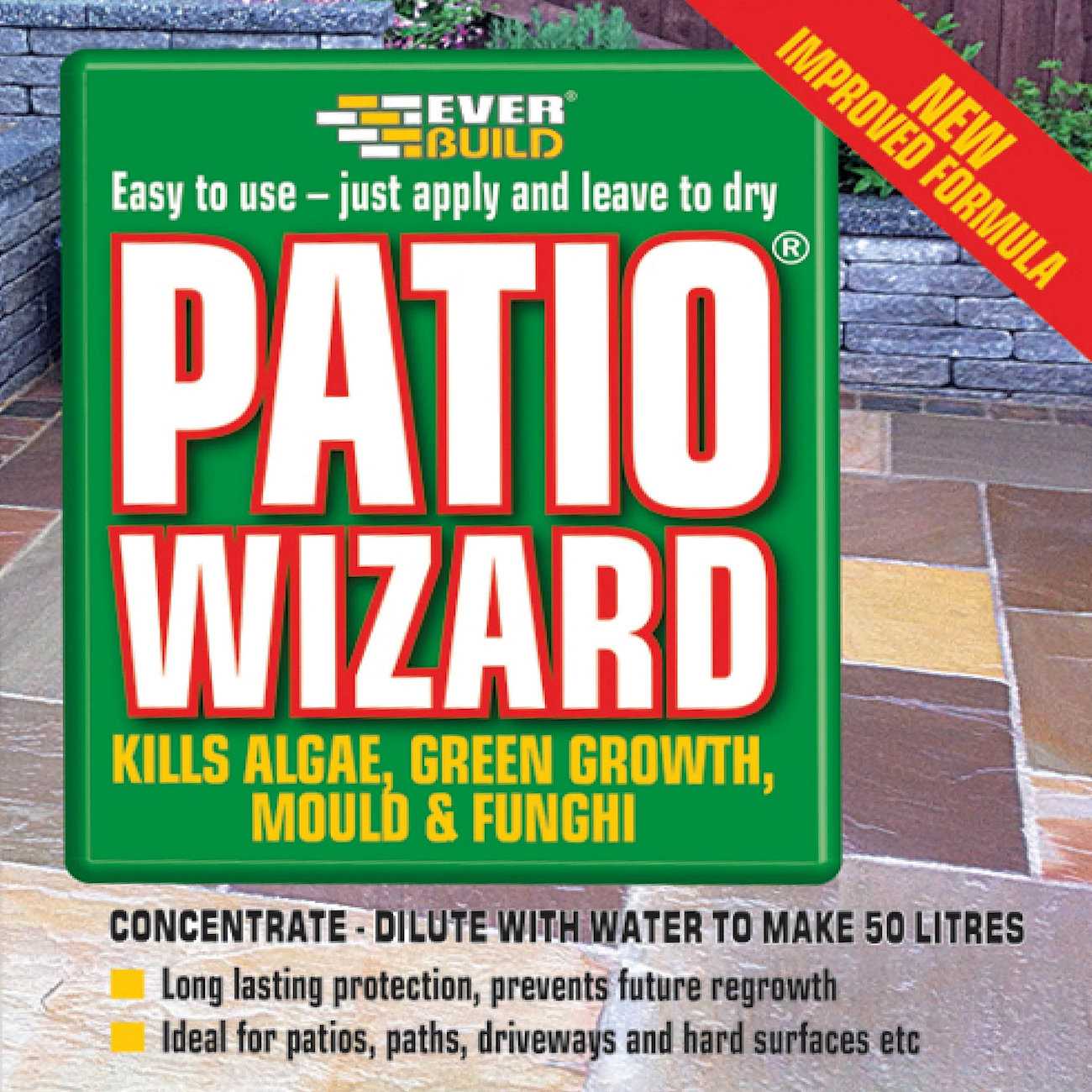 Everbuild Patio Wizard Moss Mould Green Growth Killer 1L bottle with label and instructions.