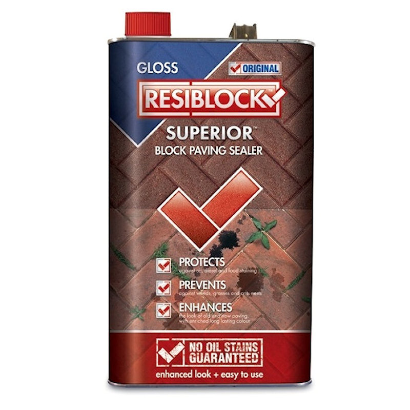  Resiblock Superior Gloss Block Paving Sealer 5L container with red cap, featuring product details and benefits on the label.