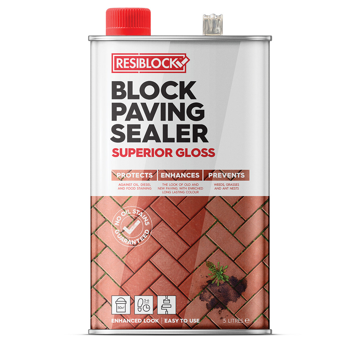  Resiblock Superior Gloss Block Paving Sealer 5L can with red cap, featuring product details and benefits.