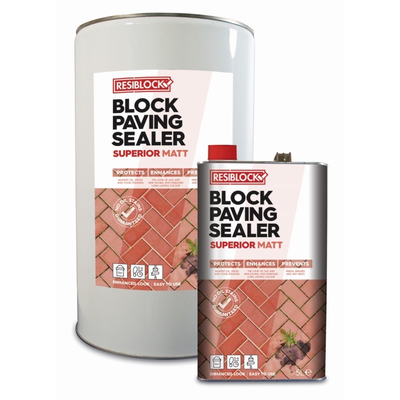  Resiblock Superior Matt Block Paving Sealer 5L showing two containers with labels highlighting protection and prevention features.