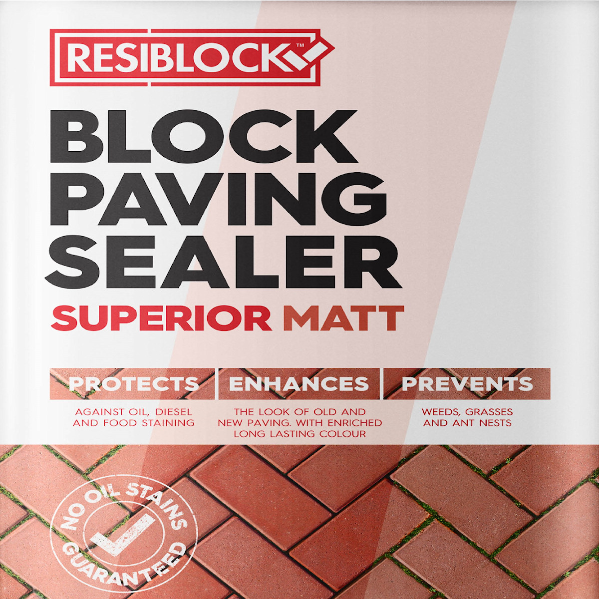  Resiblock Superior Matt Block Paving Sealer 5L container with text highlighting protection against stains and prevention of weeds.