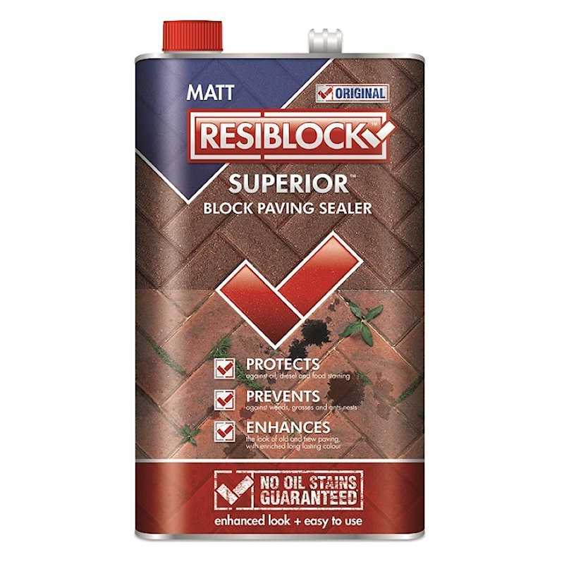  Resiblock Superior Matt Block Paving Sealer 5L container with a red cap, featuring protective and preventive benefits for paving.