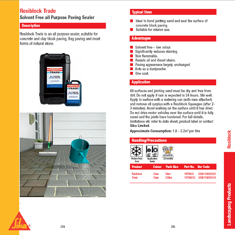 Showing Resiblock Trade All Purpose Paving and Block Paving Sealer 5L containers alongside a demonstration of its application on paving.
