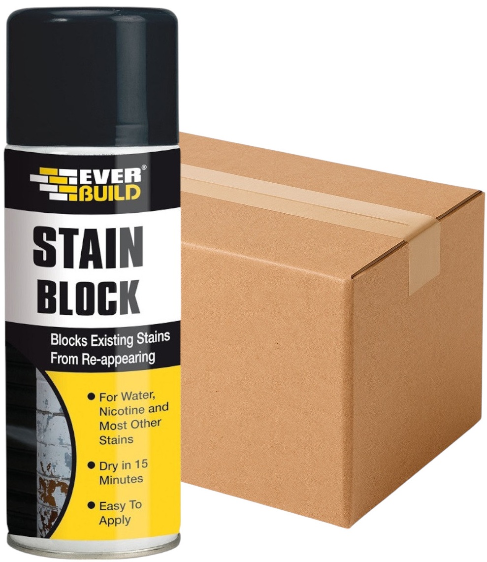 Everbuild Stain Block Spray 400ml can and a cardboard box.