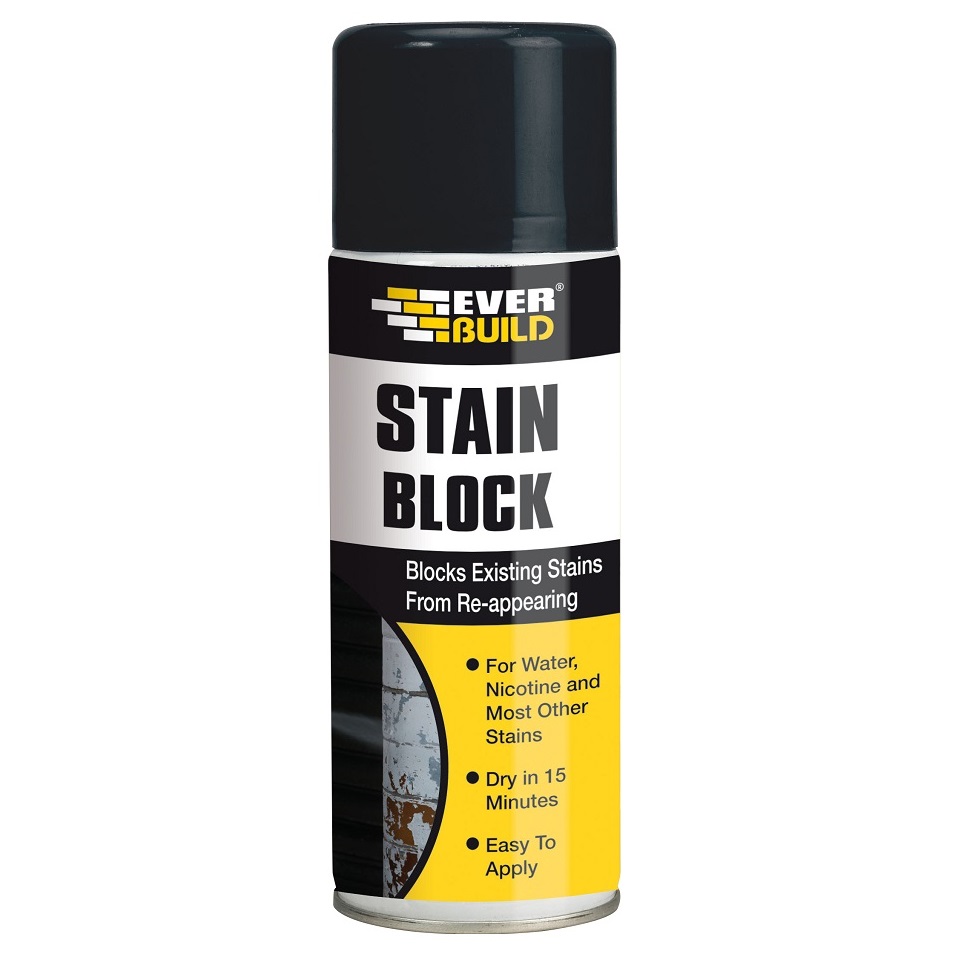 Everbuild Stain Block Spray can with label showing features like blocking existing stains and quick drying.