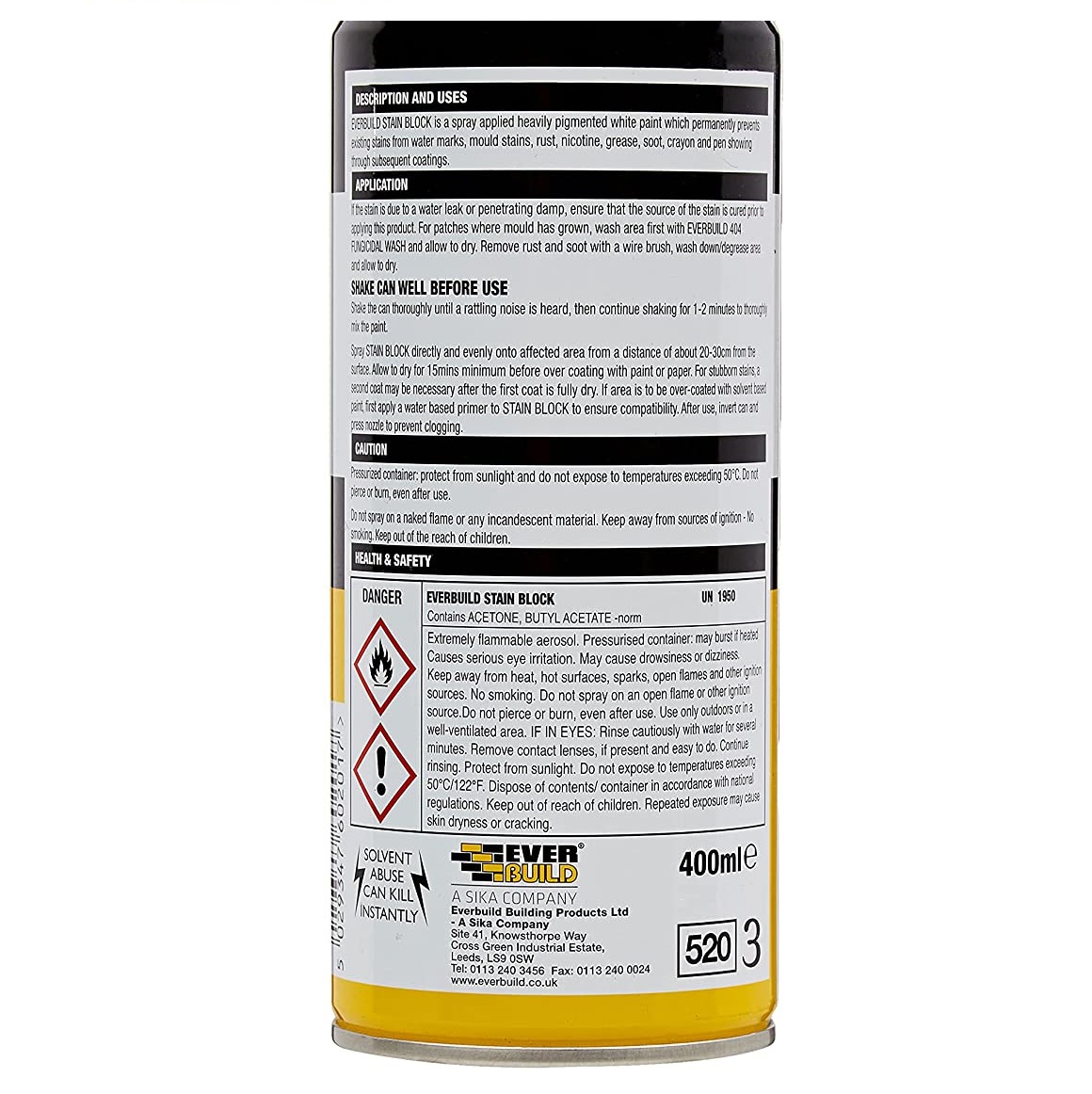 Back view of Everbuild Stain Block Spray White Paint for Walls 400ml, showing product instructions and safety warnings.
