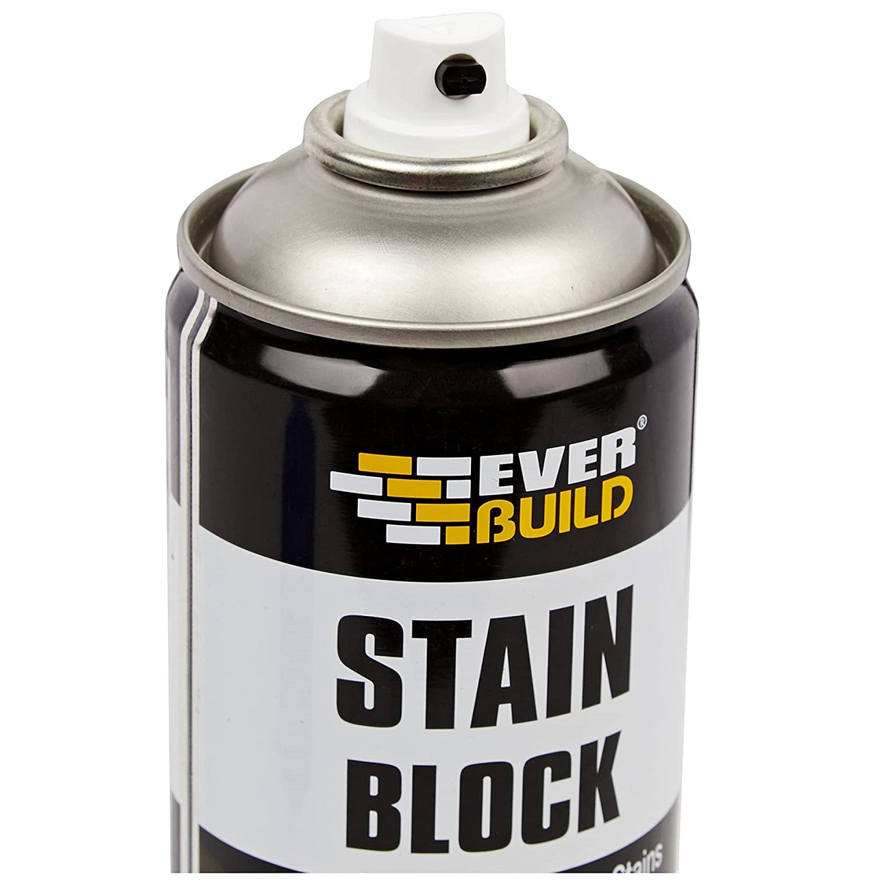 Close-up of Everbuild Stain Block Spray can showing nozzle and label.