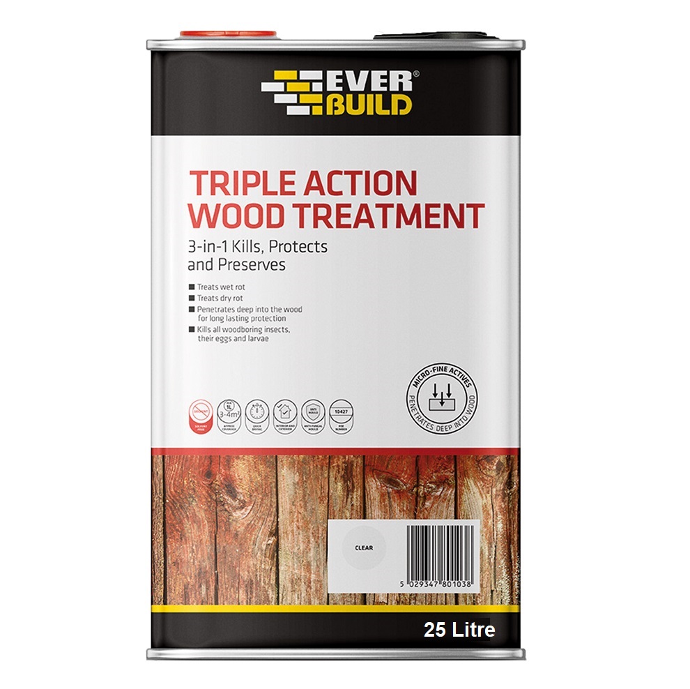 Everbuild Lumberjack Triple Action Wood Treatment 25L container with label detailing its 3-in-1 protection features.