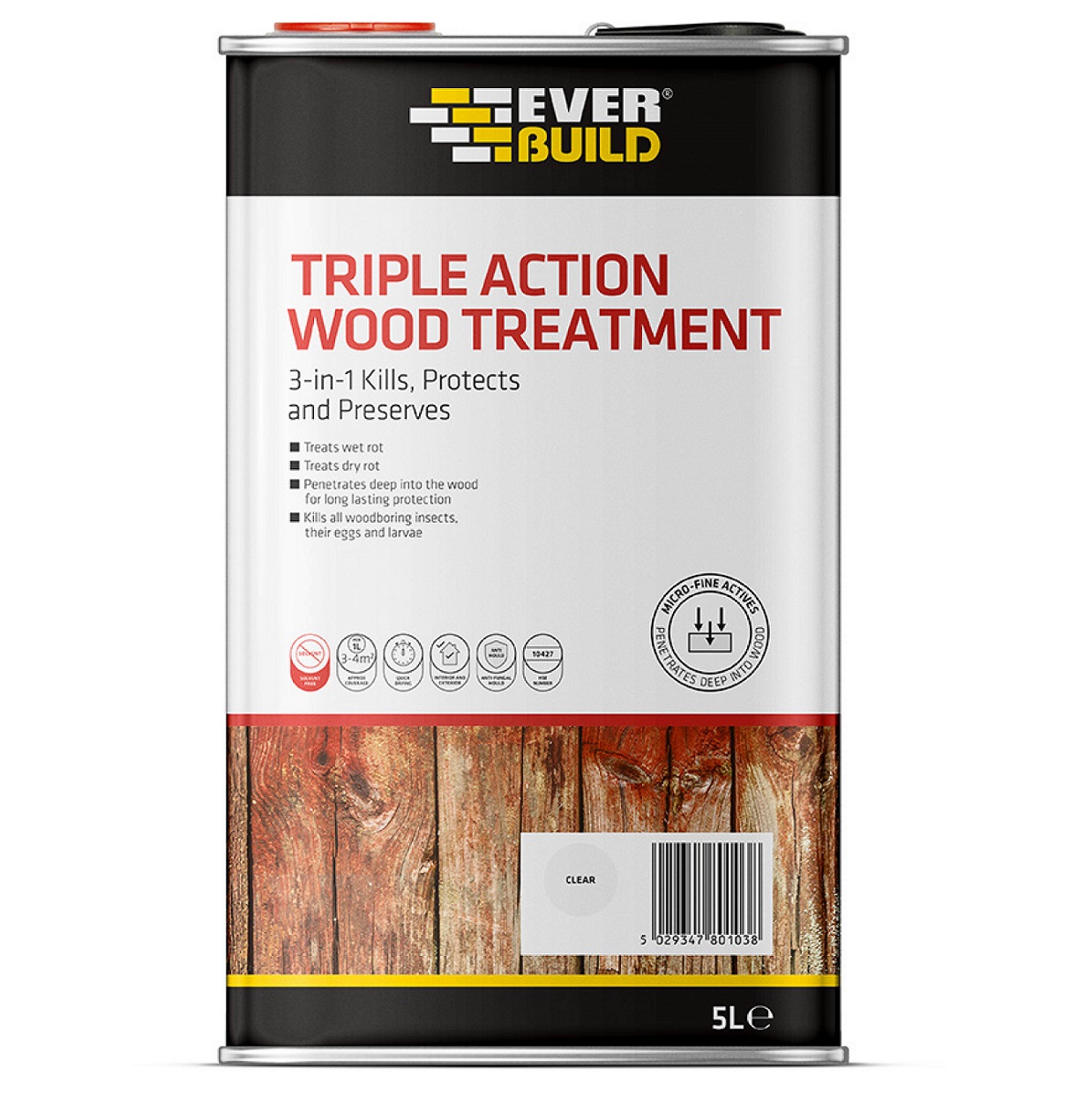 Everbuild Lumberjack Triple Action Wood Treatment 5L container with product details and branding.