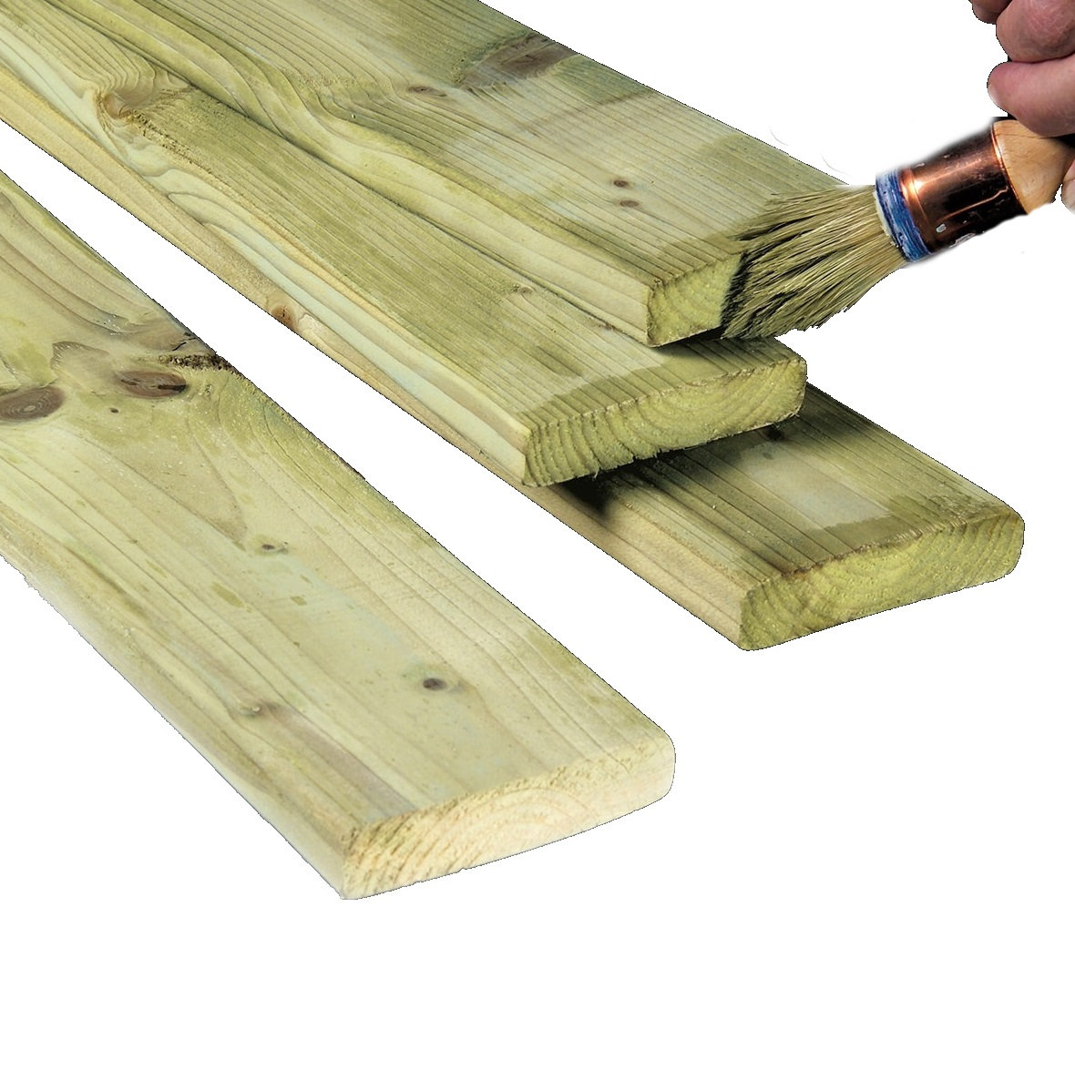 Person applying wood treatment to wooden planks with a brush