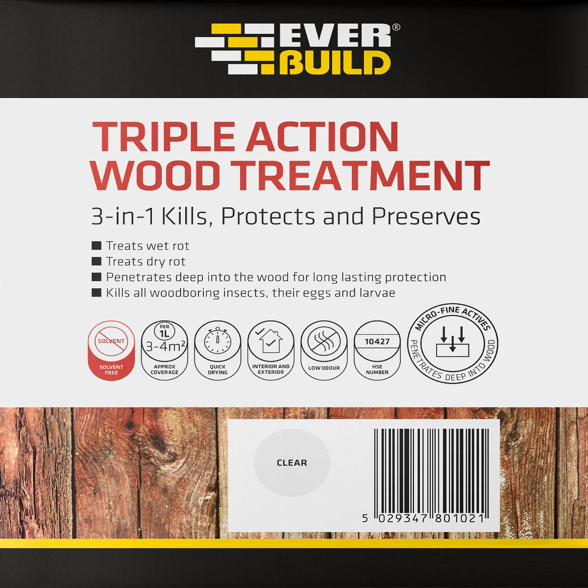 Everbuild Lumberjack Triple Action Wood Treatment 5L packaging showing features such as treating wet and dry rot, penetrating wood for protection, and killing woodboring insects.
