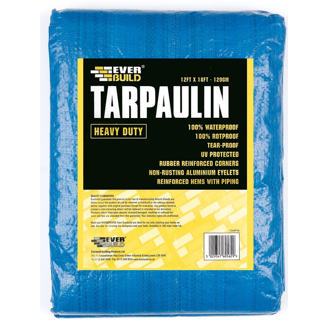 Blue Everbuild Heavy Duty Builders Tarpaulin with packaging details and features.