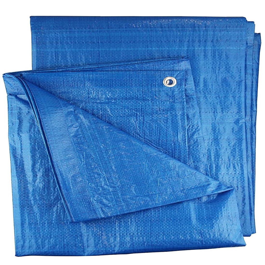 Blue heavy duty tarpaulin with eyelet, 12ft x 9ft, folded to show layers.