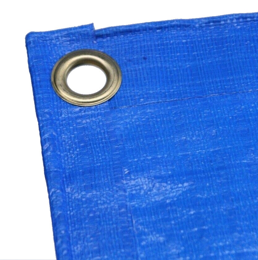 Close-up of a blue tarpaulin corner with metal eyelet