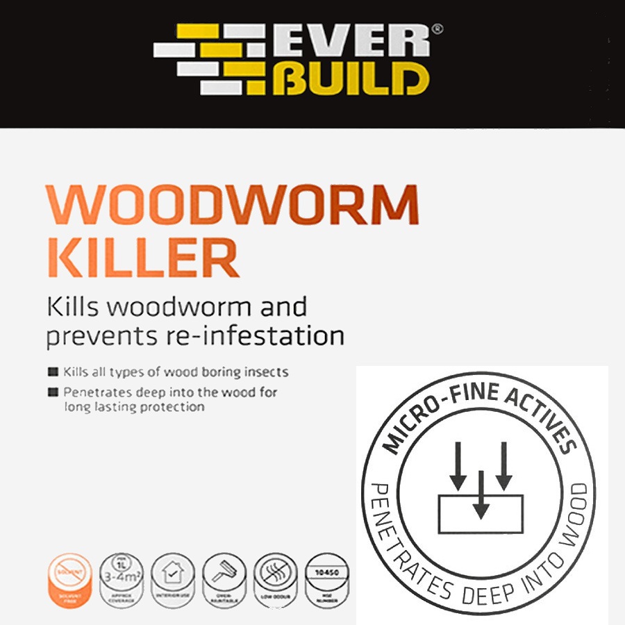 Everbuild Lumberjack Woodworm Killer Treatment 5L packaging with features highlighted.