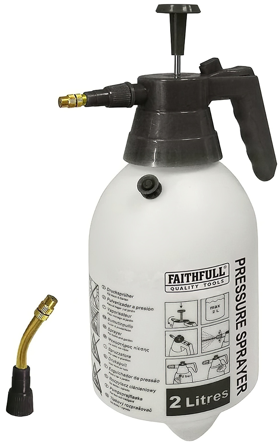 Faithfull garden hand held pump pressure sprayer with an adjustable nozzle, shown with additional nozzle attachment.