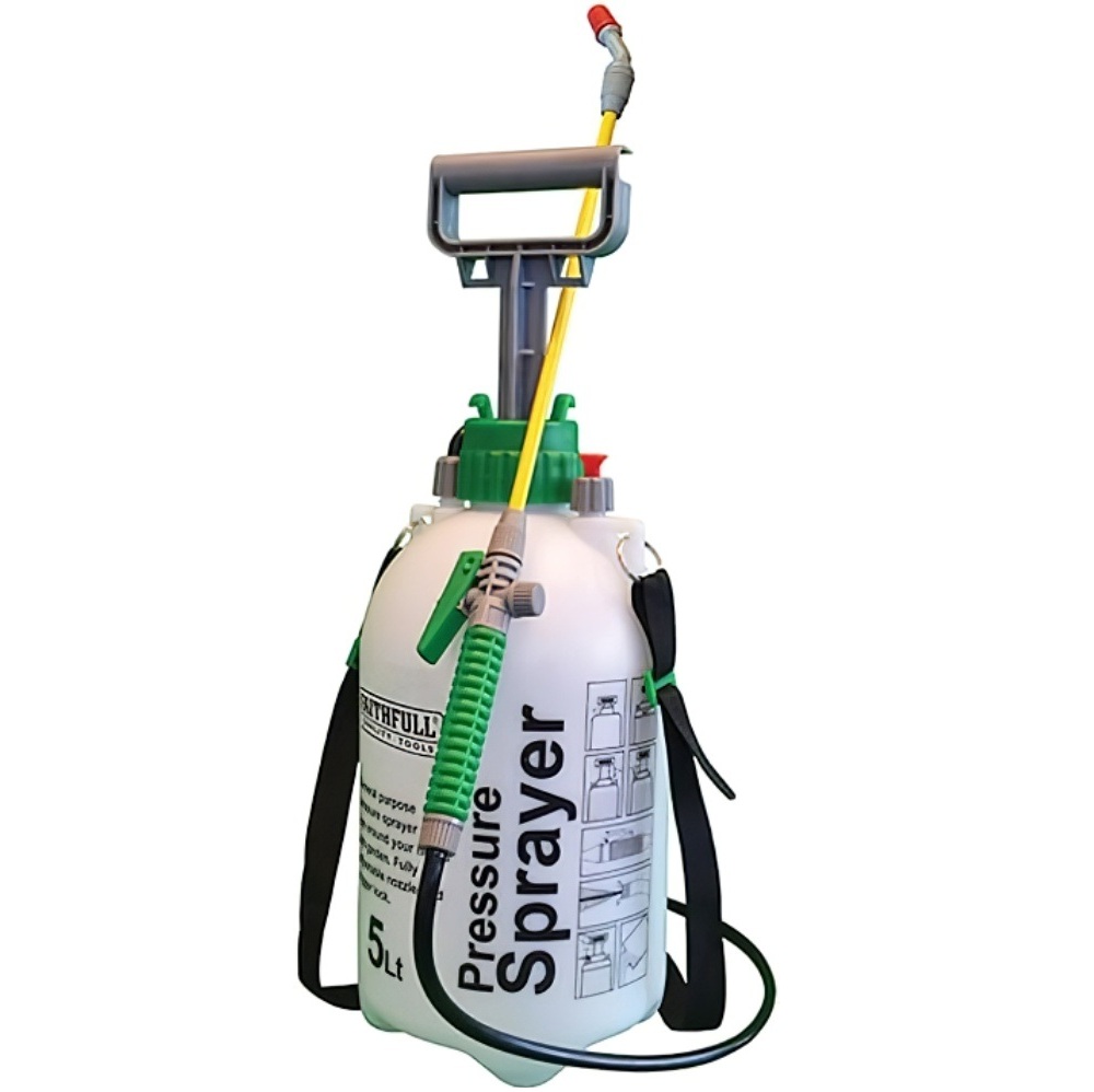 Faithfull Garden Hand Pump Pressure Sprayer 5L with adjustable nozzle and shoulder strap.