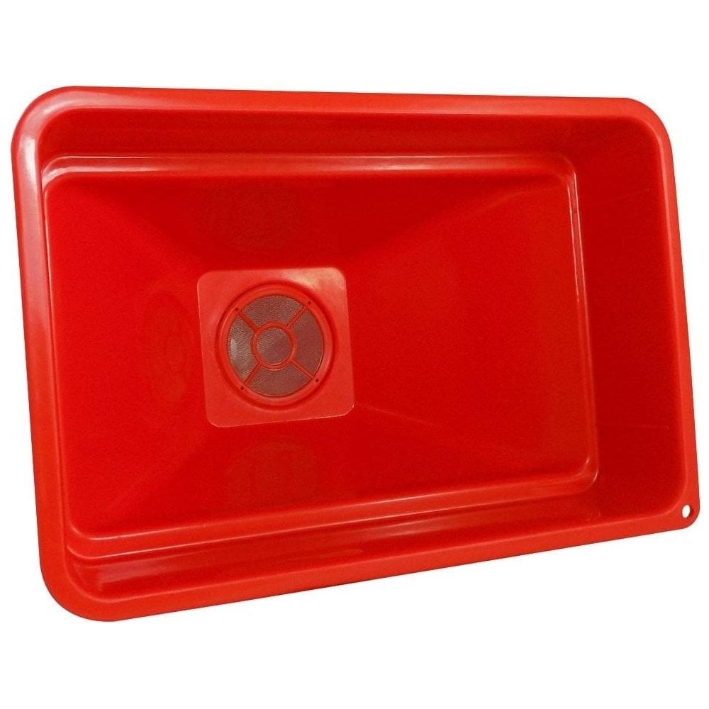 Red heavy duty large garage oil funnel and fuel filter with a mesh centre.