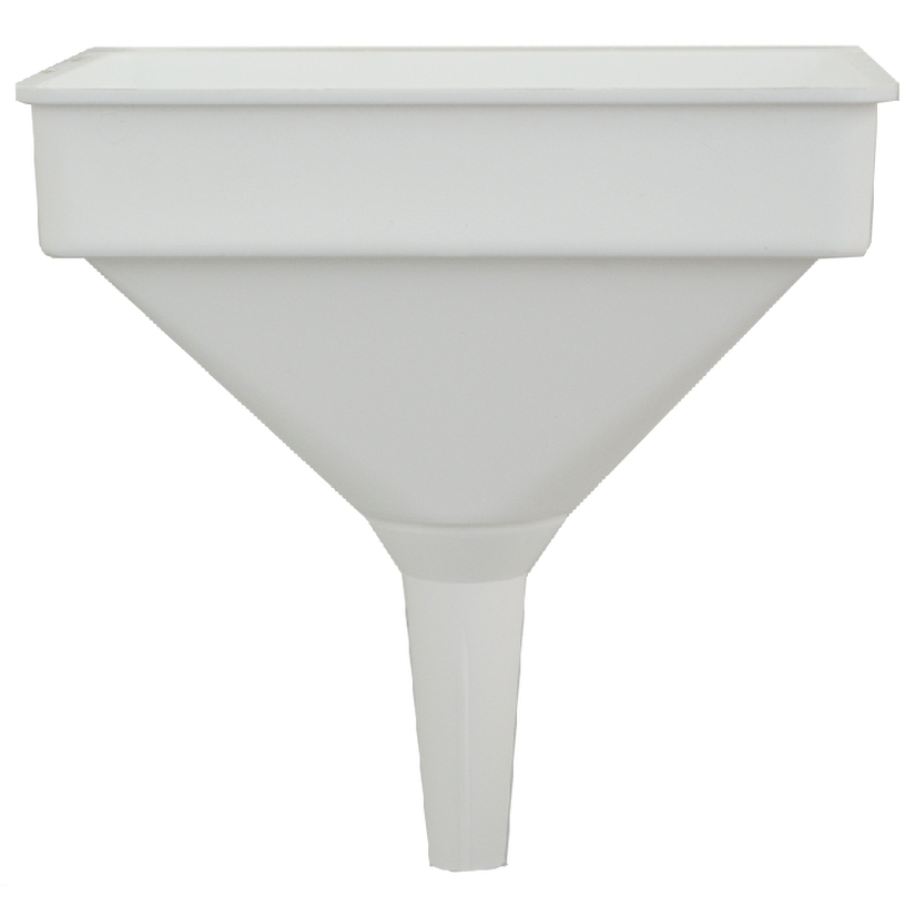 White heavy duty large garage oil funnel and fuel filter with a wide top and narrow spout.