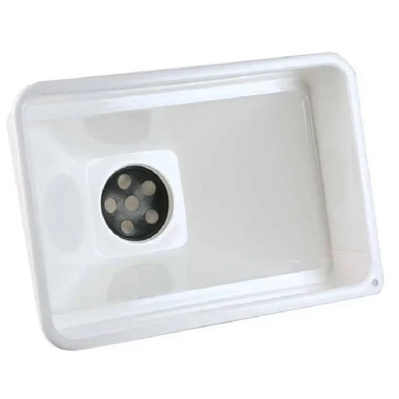 White rectangular oil funnel with circular filter section.