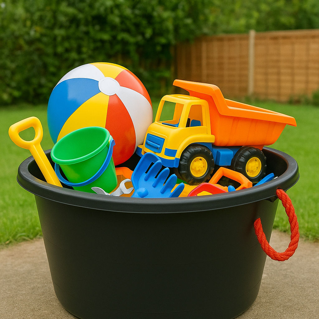 Faithfull Large Black Mixing Builders Bucket with two Red Handles Kids Toys In Garden Setting