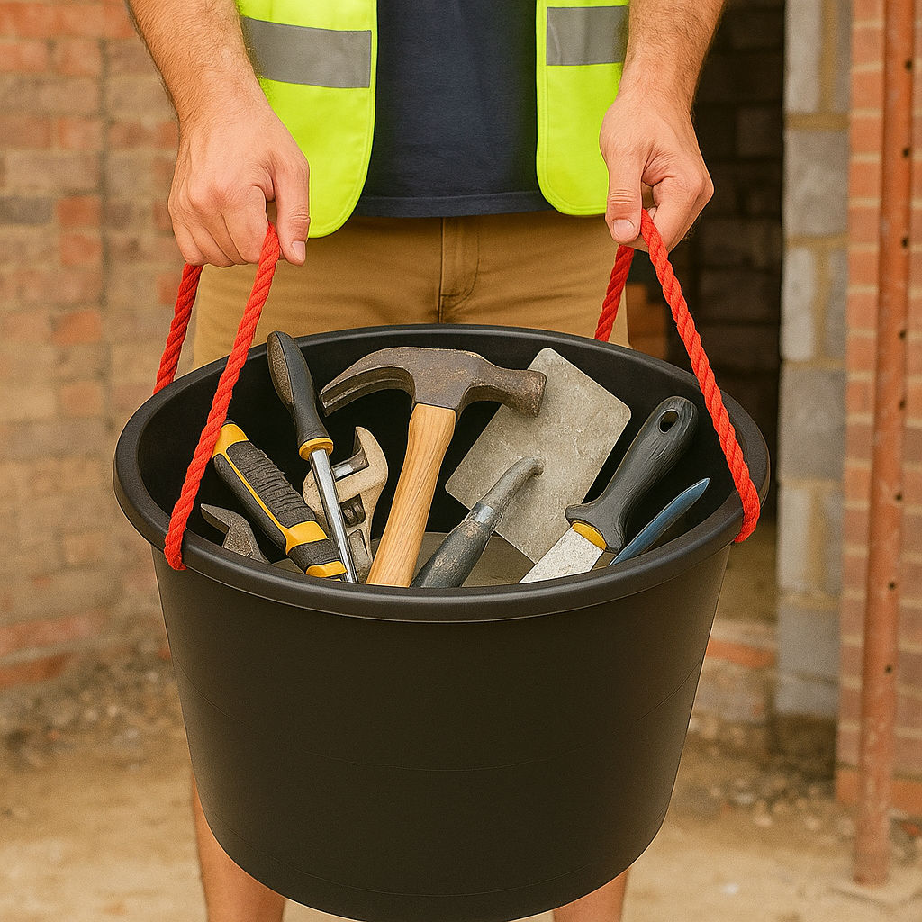 Faithfull Large Black Mixing Builders Bucket with two Red Handles carrying tools on building site