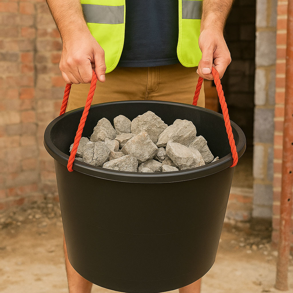 Faithfull Large Black Mixing Builders Bucket with two Red Handles carrying rubble on building site