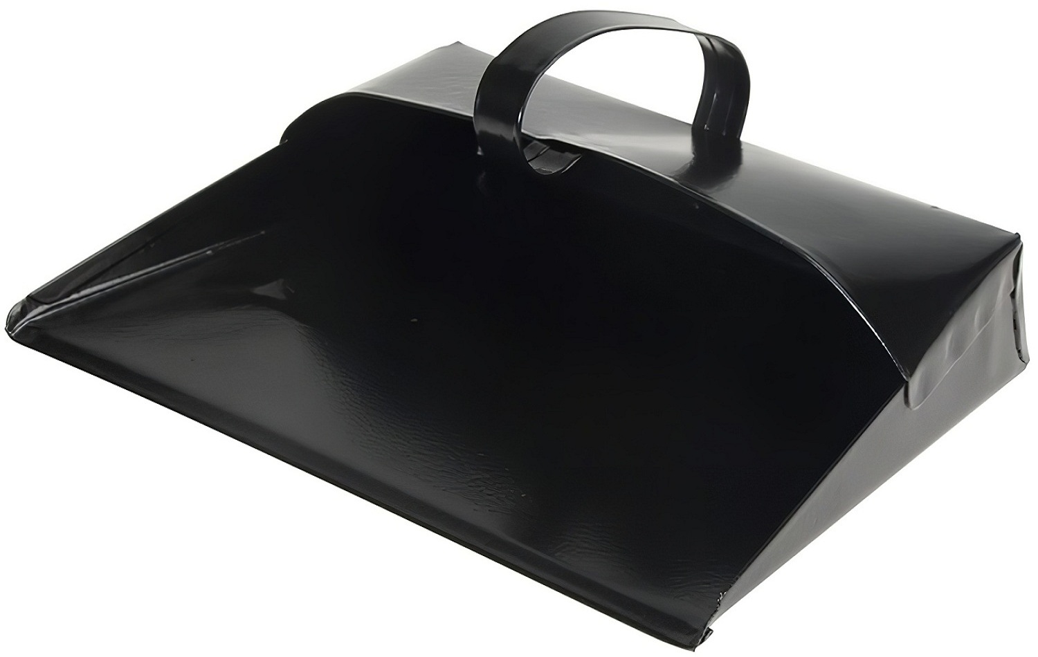 Black metal dustpan with a wide design and handle, suitable for heavy-duty cleaning tasks.