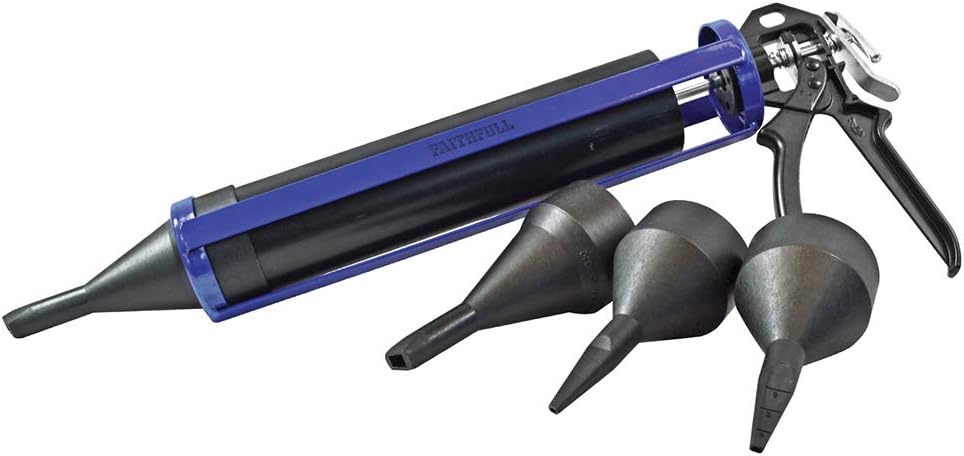 Faithfull mortar and cement pointing gun kit with three nozzles for brickwork finishing.
