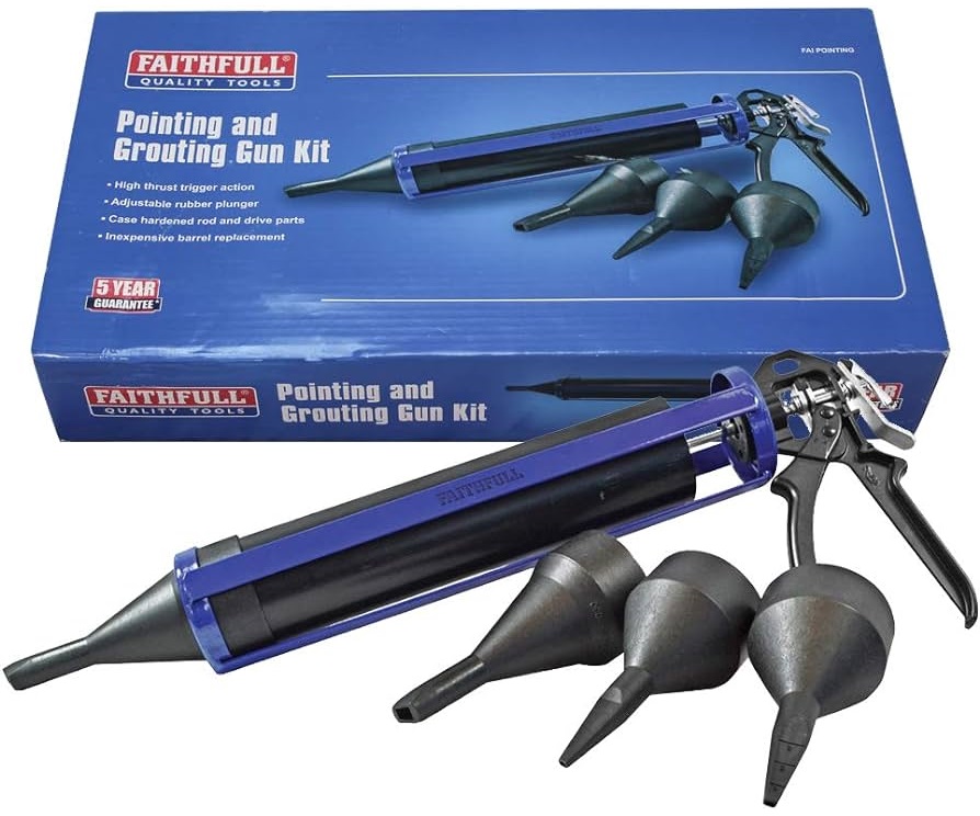 Faithfull Mortar and Cement Pointing Gun Kit with three nozzles and packaging box.