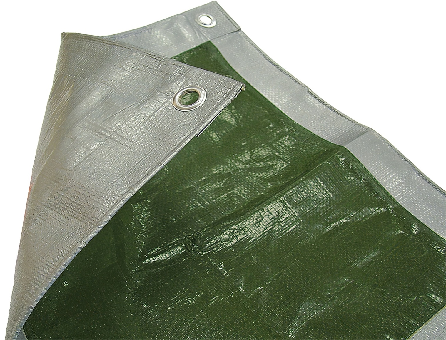 Green and silver reversible tarpaulin with eyelets, measuring 12ft by 9ft in use