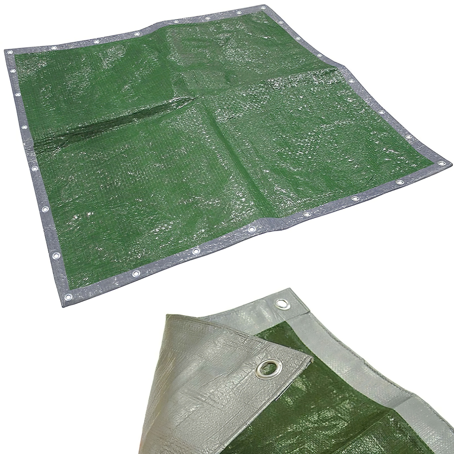 Green and silver reversible tarpaulin with eyelets, measuring 12ft by 9ft.