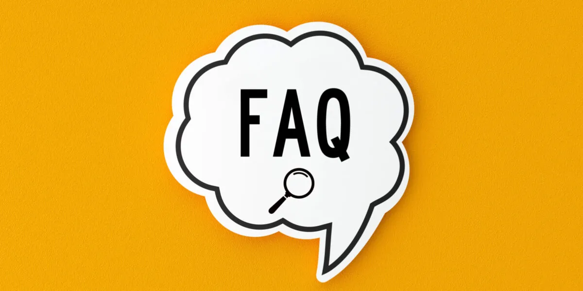 FAQ speech bubble with magnifying glass on yellow background