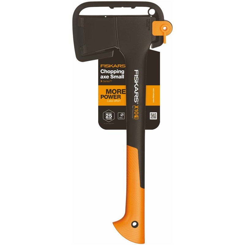 Fiskars Premium Multi-Purpose Chopping Axe S with black and orange handle, designed for small wood tasks.