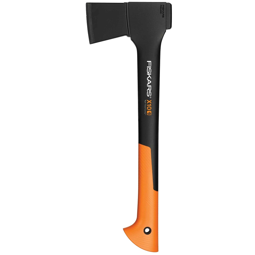 Fiskars Premium Multi-Purpose Chopping Axe S with an orange and black handle, designed for small wood tasks.