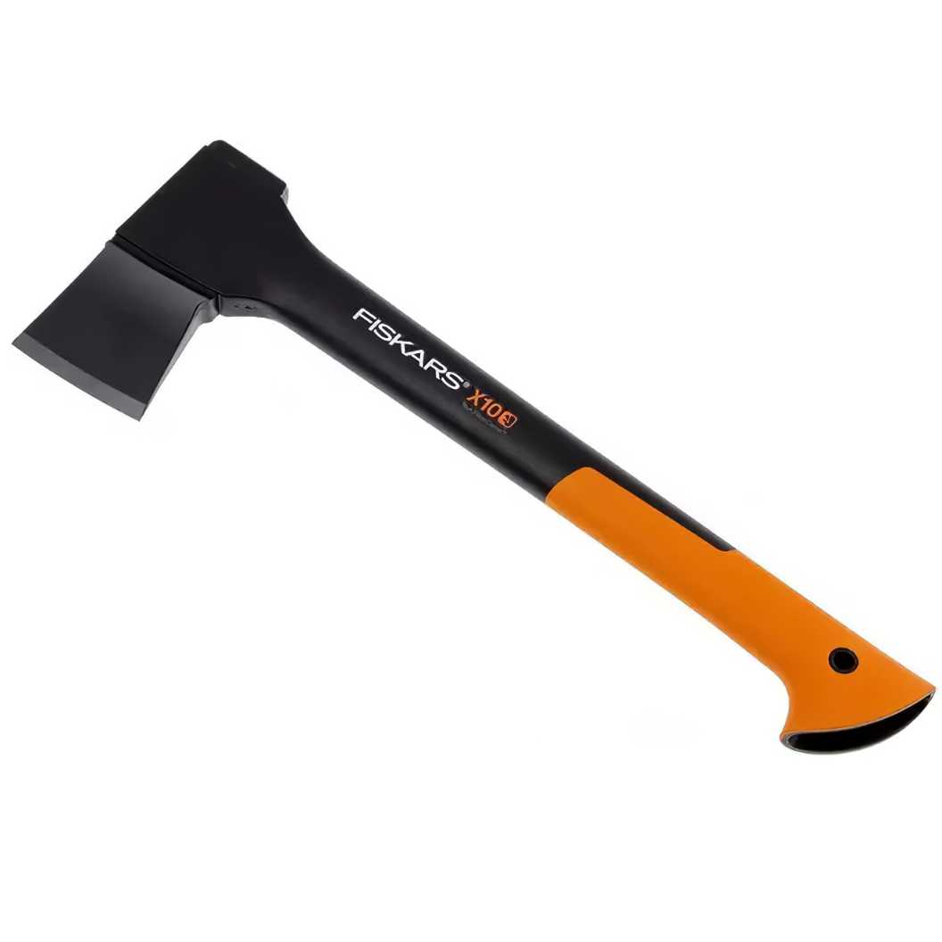 Fiskars axe with black head and orange handle designed for small wood tasks.