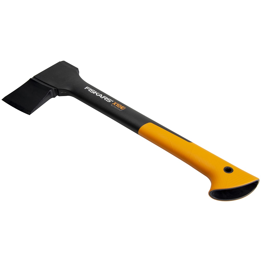 Fiskars Premium Multi-Purpose Chopping Axe S with a black and orange handle, designed for small wood tasks.
